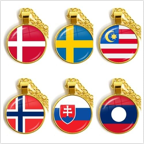 Malaysia, Laos, Denmark, Norway, Sweden, Slovakia Nation Flag Pendant Necklace 25mm Glass Cabochon Jewelry For Women Girls Gift