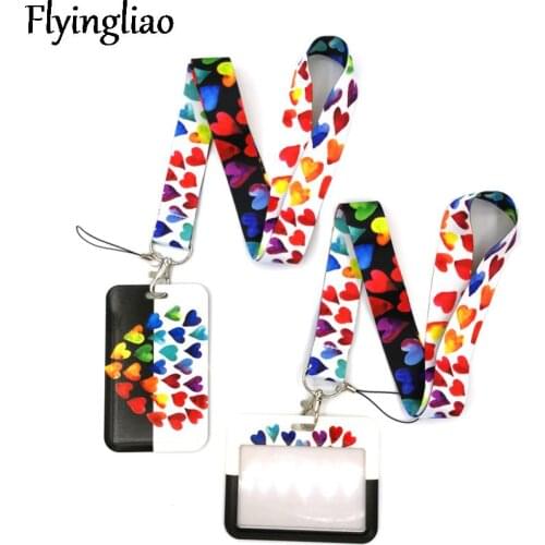 Rainbow Color Hearts Love Anime Lanyard Badge Holder ID Card Lanyard Mobile Phone Rope Key Lanyard Neck Straps Keychain Key Ring