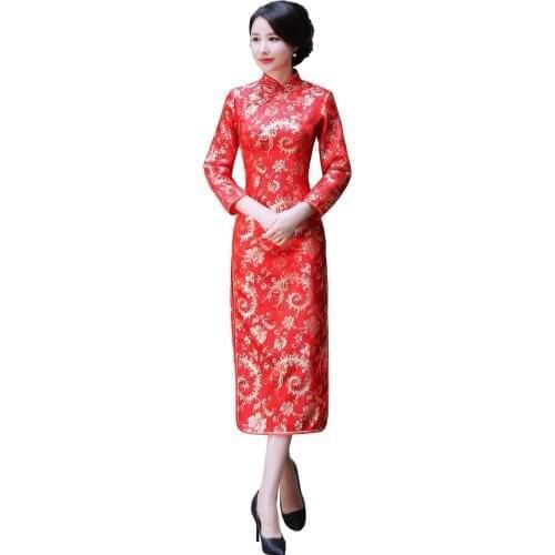 Shanghai Story chinese traditional clothing For Women chinese style dresses long Cheongsam Long Sleeve Red phoenix tail Qipao
