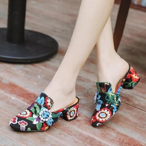Women Fashion Floral Embroidered Crystal Dimante Court Chunky High Heel Pumps Suede Leather Shoes Slipper Slingback Mules C557