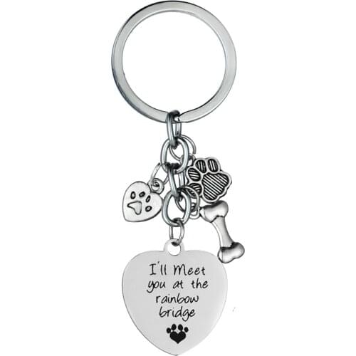 "I will meet you at the rainbow bridge" Paw Print Love Saved Heart Shape Pet Memorial Keychain Dog Cat Loss Gifts Keyring Bone