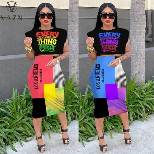 VAZN 2021 INS Europe And America Sexy Letter Daily Young Short Sleeve High Waist Midi Skirts Skinny Women 2 Piece Set