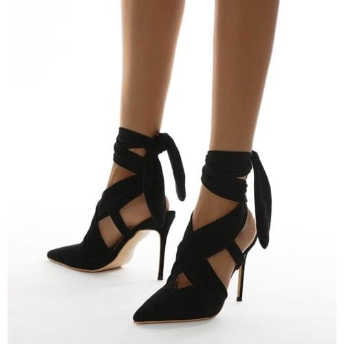 2021 New Retro Elegant Shoes Woman Flock Pointed Toe Cross-Tied Pumps Fashion Butterfly-Knot High Heels Spring Summer Shoes