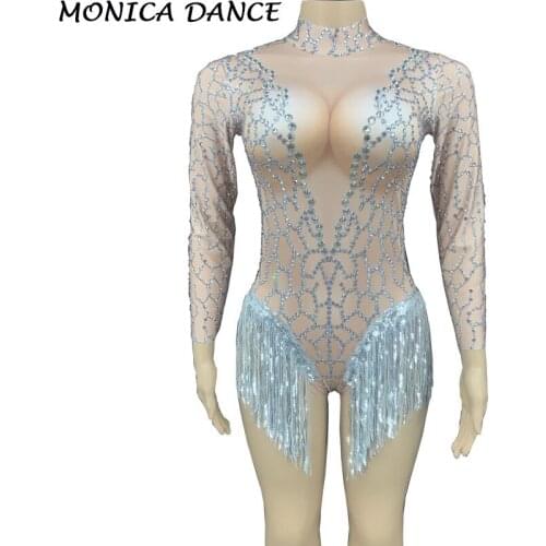Sexy Silver Rhinestone Spandex Sequin Fringe Bodysuit Women Dancer Singer Outfit Birthday Celebrate Prom Outfit Dance Bodysuit