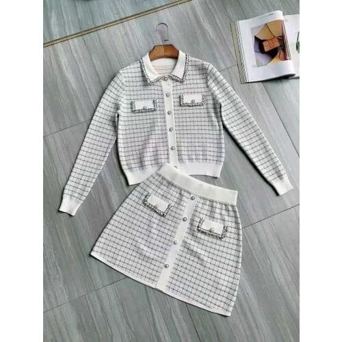 High Quality New Sweater Sets 2021 Autumn Winter Knitted Set Women Geometric Patterns Long Sleeve Sweater+Knitted Skirt Sets