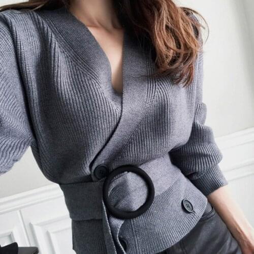 Khaki Gray Black White Women Knitwear Sweaters Vintage Cross V-Neck Button Up Knitted Cardigan With Belt Tunic Korean Pull Femme