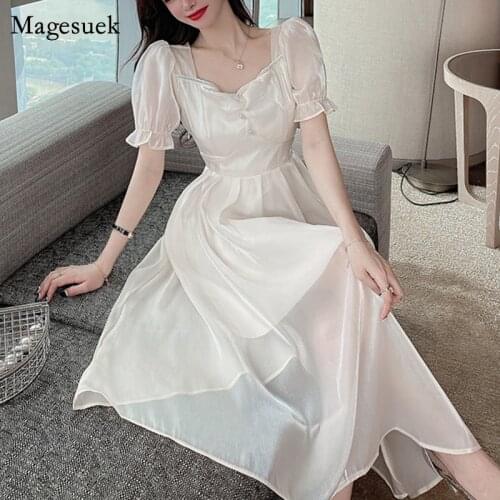 Short Sleeve Summer Dresses Women High Waist Spring Sweet Square Collar Dress 2021 New Flare Sleeve Midi Long Dress Robe 14088