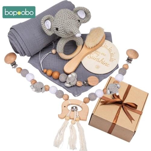 Bopoobo Baby Toys Set Wooden Cartoon Animal Newborn Gift Box Bath Towel Pacifier Chain Brush Milestone Personalise Photograph