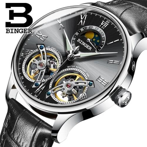 Switzerland BINGER Mens Watches Top Brand Luxury Waterproof Full Steel Automatic Mechanical Leather Male Double Tourbillon Watch