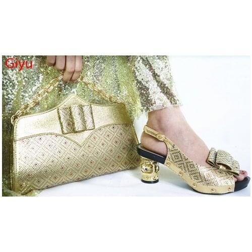 Doershow fashion Shoes and Bag Set African Sets 2019 gold Color Italian Shoe Bag Set Decorated with Rhinestone shoes SLP1-7
