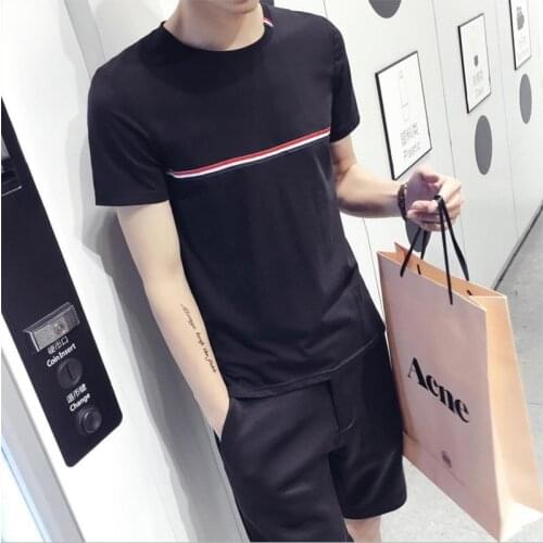 HOT 2020 Summer Casual same social guy T-shirt half O-Neck Hip hop streetwear Striped short sleeve cuff male coat tshirts tees