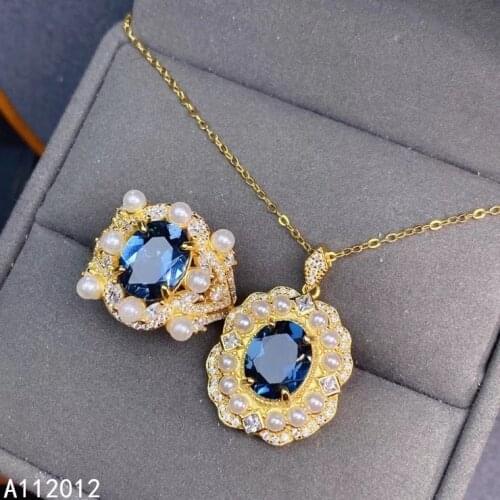 KJJEAXCMY Fine Jewelry 925 sterling silver inlaid natural blue topaz new girl trendy necklace pendant ring set support test