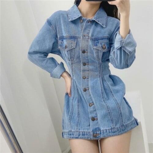 Spring autumn new street fashion waist long-sleeved denim jacket womens mid-length solid color washed thin denim jacket women