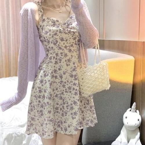 Summer Elegant Floral Mini Dress Purple Pleated Sling Dresses Women Sexy V-Neck French Vintage Strap Dress Party Casual 2021