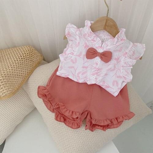 Cute Childrens Two Piece Skirt Set 2-6years Bow Top+shorts Girls' Suit Pink Yellow Toddler Summer Clothes
