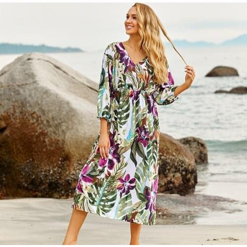 Boho Floral Leaves Print Bikini Cover-ups Sexy V-neck Long Sleeve Boho Summer Beach Dress Plus Size Beachwear Swimsuit Cover Up