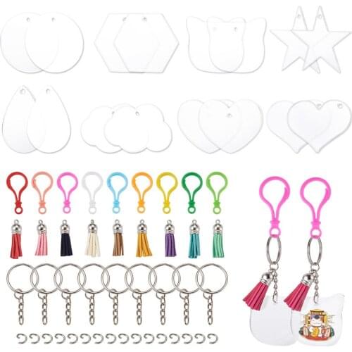 Heart Drop Acrylic Blank Clear Pendants with Plastic Push Snap Keychain Clasps Tassel Charms for DIY Keychain Making Jewelry Kit