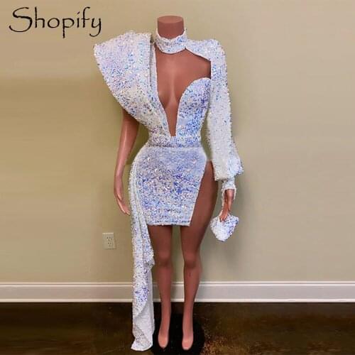 Real Sample Long Sleeve High Neck Short Prom Dresses 2021 Sparkly White Sequined African Black Girls Prom Gala Dress
