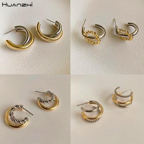 HUANZHI 2020 Multi-layer Metal Irregular Gold Silver Color Contrast Chain Splicing Heart Shape Stud Earrings for Women Jewelry