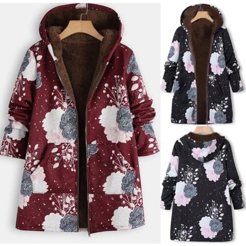 Retro print warm cotton-padded jacket fashion plush hoodie jacket zipper padded jacket jacket 2020 winter womens clothing