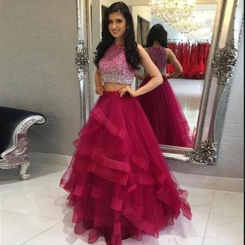 Evening party prom Gown sexy Two Piece Prom Dresses 2019 tulle Beaded Graduation tiered vestidos de gala sleeveless prom dress