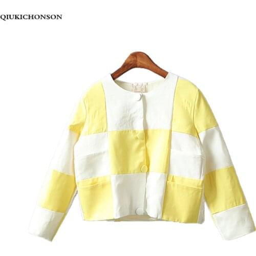 Korean fashion women coat 2018 spring autumn long sleeve block plaid elegant o-neck ladies jackets short chaquetas mujer