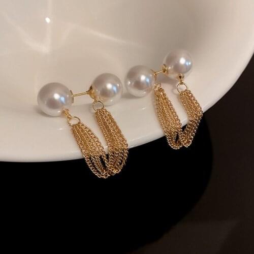 Origin Summer Exquisite Round Simulation Pearl Dangle Earring for Women Long Tassel Chain Metallic Earring Jewelry Pendientes