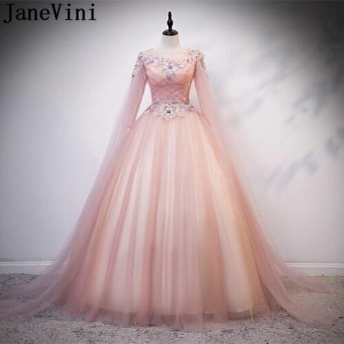 JaneVini Vestido De Baile Blush Pink Ball Gown Quinceanera Dresses Girls Long Sleeve Lace Beaded Party Dress Vestidos De 15