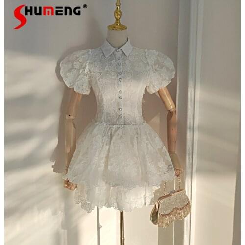 2021 Summer New Lapel Mesh Embroidered Ruffled Puff Sleeve Dress Women