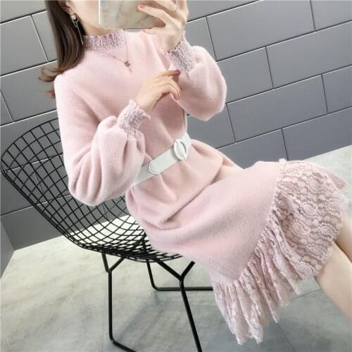 2020 Winter new style Korean mink fleece sweater dress female mid-length slim-fitting lace thickening outer wear bottoming dress