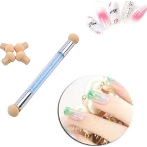 1set Rhinestone Plastic Handle Nail Sponge Gradient Brush Gradual Color Transfer Stamping Blooming Pen + 4 Sponge Heads