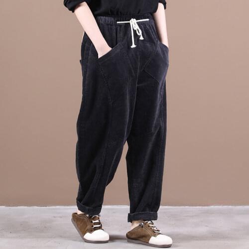 2021 Autumn New Arts Style Women Elastic Waist Loose Pants Big Pocket Cotton Corduroy Casual Harem Pants Femme Trousers