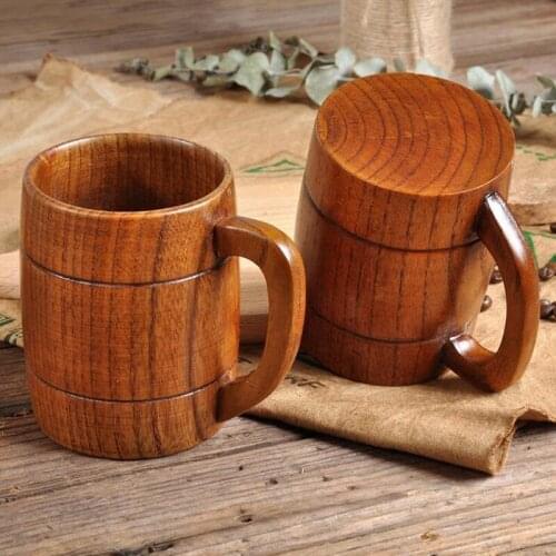 Handmade Solid Wood Beer Tea Coffee Cup 350ml Drinkware Water Cups INS Heatproof Mug With Handgrip For Home Kitchen Bar Party