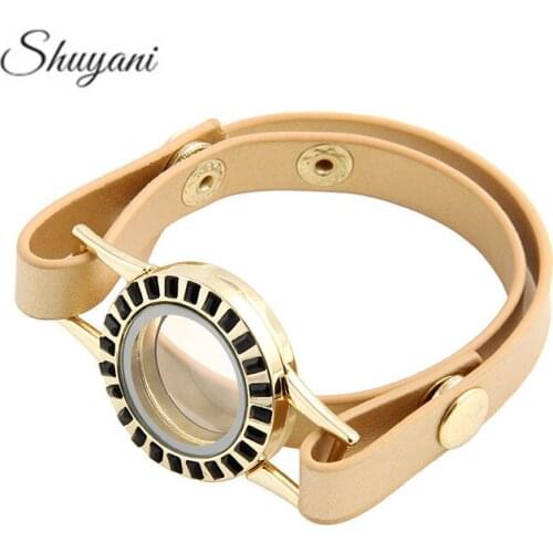 5pcs/lot Alloy Crystal Round Memory Glass Floating Locket Wrist Wrap Leather Bracelets Bangles For Women/Men