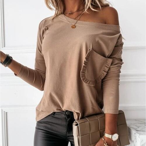 Scalloped Pocket Basic Tops for Women One Shoulder Tshirts Woman 2020 Autumn Long Sleeve Womens T-Shirt Khaki shirts for women
