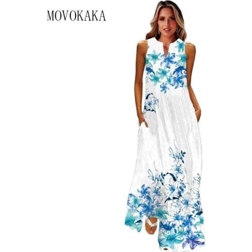MOVOKAKA 2021 Blue Printed Long Dress Women Plus Size Maxi Sundress Sleeveless Elegant Dress Casual Vestidos Girl Dresses Summer