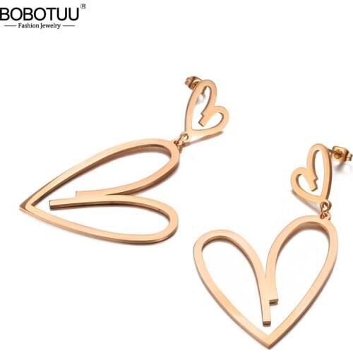 BOBOTUU Trendy 316L Stainless Steel Double Heart Earrings For Women Bohemia Rose Gold Summer Beach Earrings Jewelry BE20089
