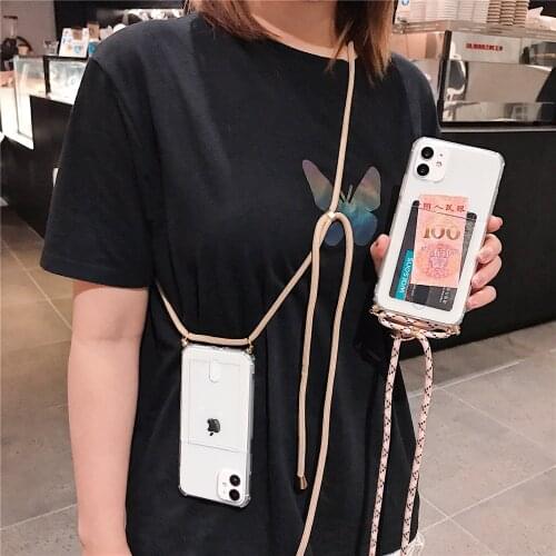 Crossbody Lanyard Rope Card Slot Holder Phone Case For iPhone 12 Mini 11 Pro XS Max X XR 6 S 8 7 Plus SE Soft Rubber Clear Cover