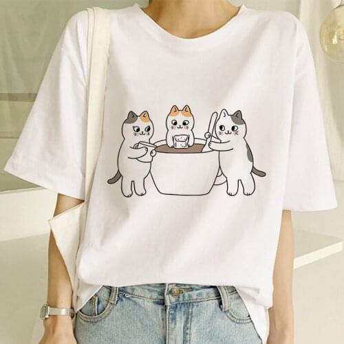 2020 New Three Cats Cook Breakfast For You Print T Shirt Kawaii Aesthetic Harajuku T-Shirt Women Summer Casual Tops Tees Tshirt