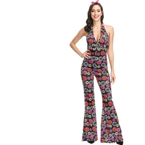 Hot Sell 60s 70s Retro Disco Hippie Costume Adult Women Vintage Go Go Girl Disco Hippie Dance Jumpsuit