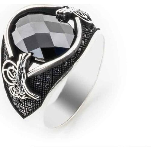 Black Zircon Stone Ottoman Monogram Sterling Silver Men 'S Ring