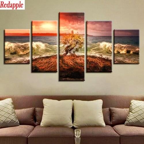 New 3d Full drill square round diamond painting 5 Panel life tree Sunset landscape,DIY diamond embroidery of 5d Seascape, waves