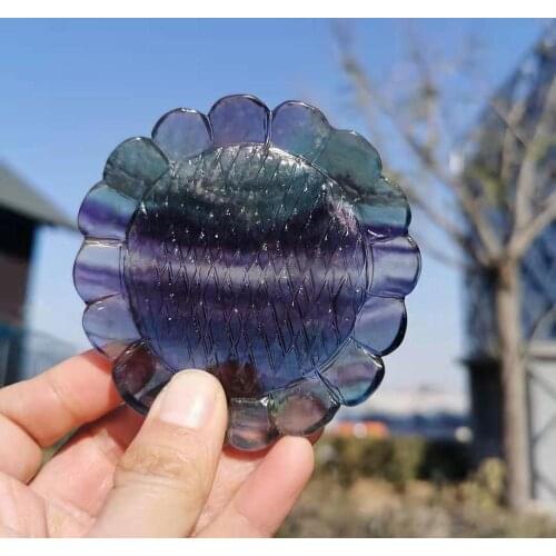 80mm Natural Stone Carved sunflower Rainbow fluorite crystal flower for decoration