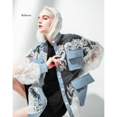 New Spring Autumn Stand Collar Long Sleeve Blue Denim Lace Split Joint Big Size Jacket Women Coat Fashion Tide