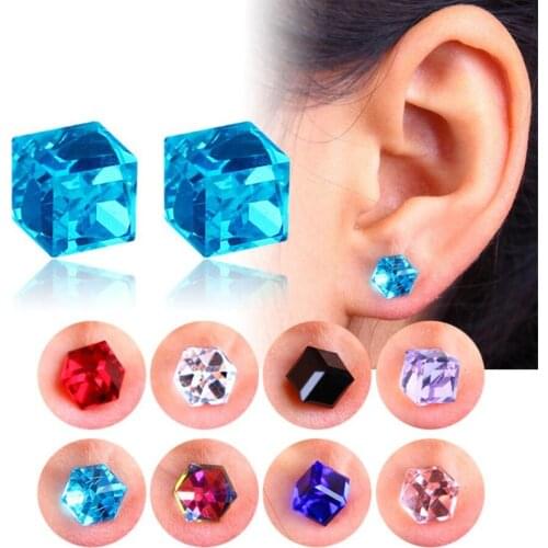 KOFSAC Trendy Water Cube Health Magnet Color Crystal Earring Non Perforated Earrings For Women Strong Magnetic Iron Ear Jewelry