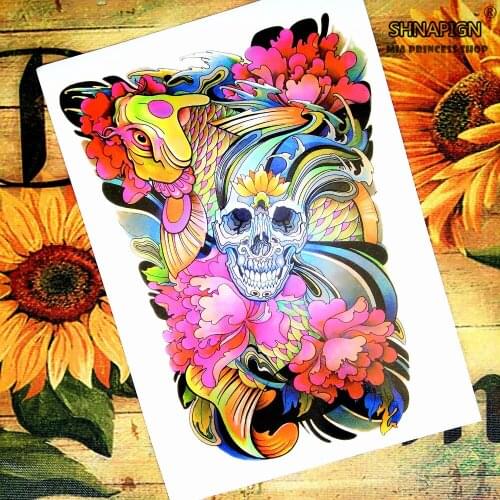 SHNAPIGN Skull Koi Temporary Tattoo Body Art Flash Tattoo Stickers 12*20cm Waterproof Henna Styling Home Decor Wall Sticker