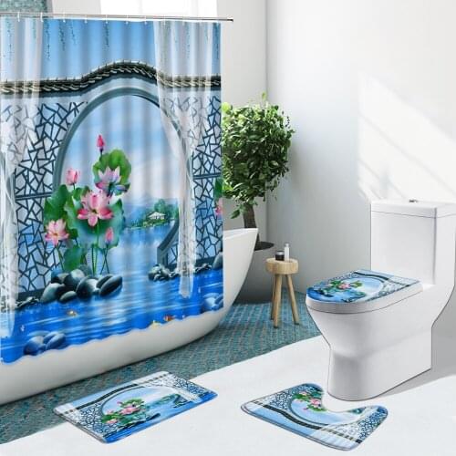 Lotus Fish Pond Shower Curtains Chinese Style Scenery Non-Slip Flannel Rugs Toilet Cover Bath Mat Bathroom Set Indoor Home Decor