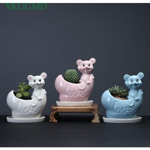 Creative Ceramic Cartoon Mouse Succulent Flower Pot Artwork Personality Houseplant White Potted Home Decorat Ornaments