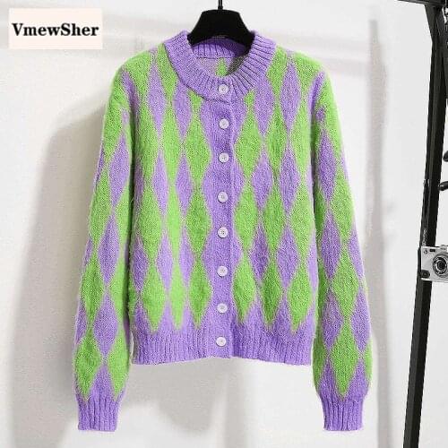 VmewSher New O Neck Winter Female Sweater Jacket Argyle Button Knitted Cardigan Women Chic Outwear Ladies Purple Knitwear Autumn