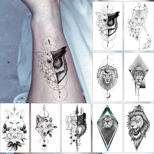 Waterproof Temporary Tattoo Sticker Geometric Line Owl Flash Tatoo Wolf Lion Arm Wrist Fake Tatto For Body Art Women Men